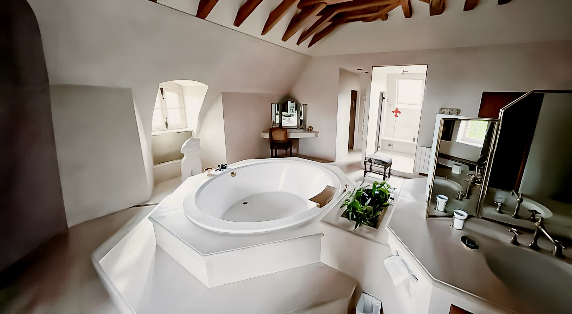 Une salle de bains sous les combles, baignoire et poutres
