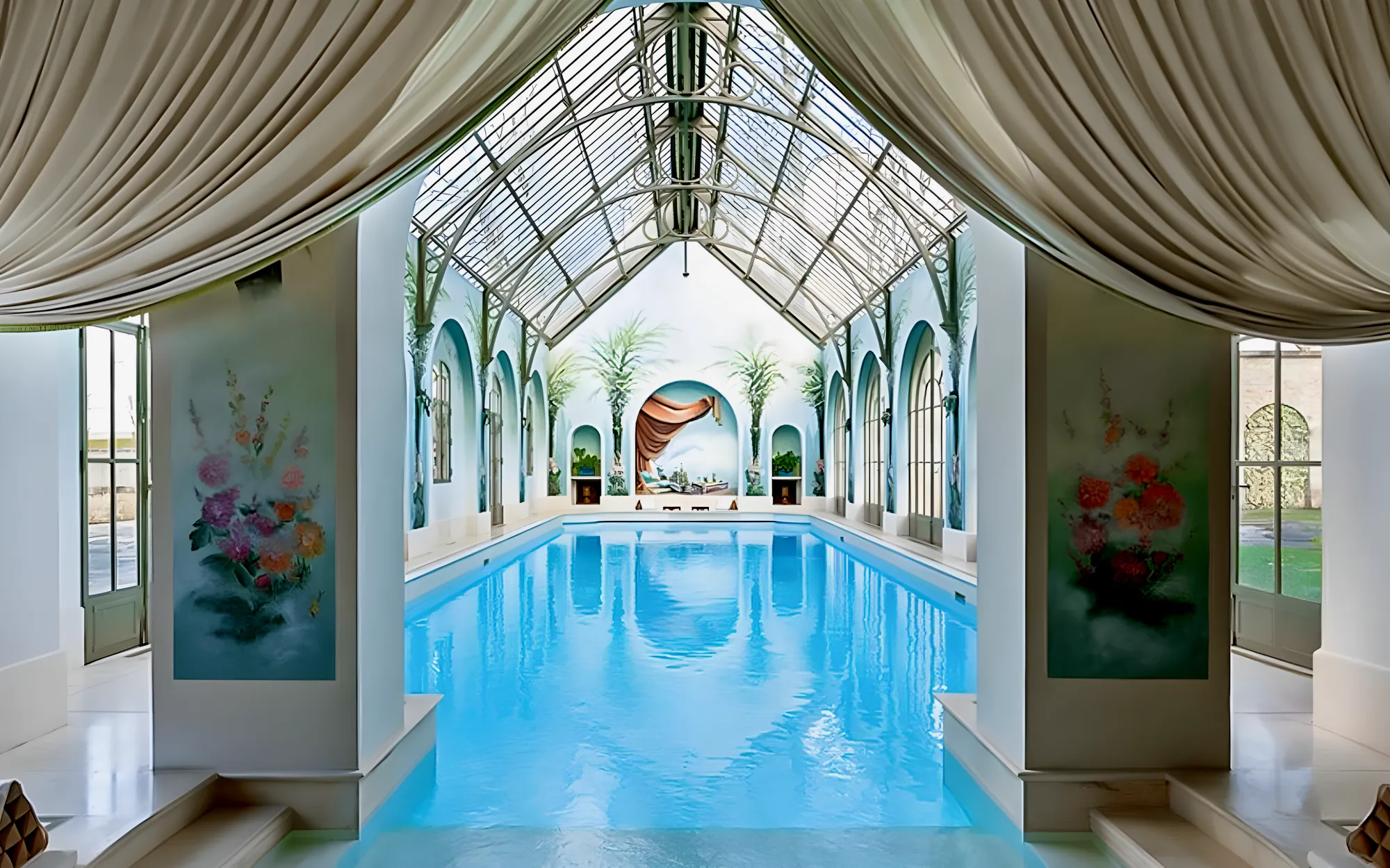 La piscine intérieure sous sa verrière, en plein jour