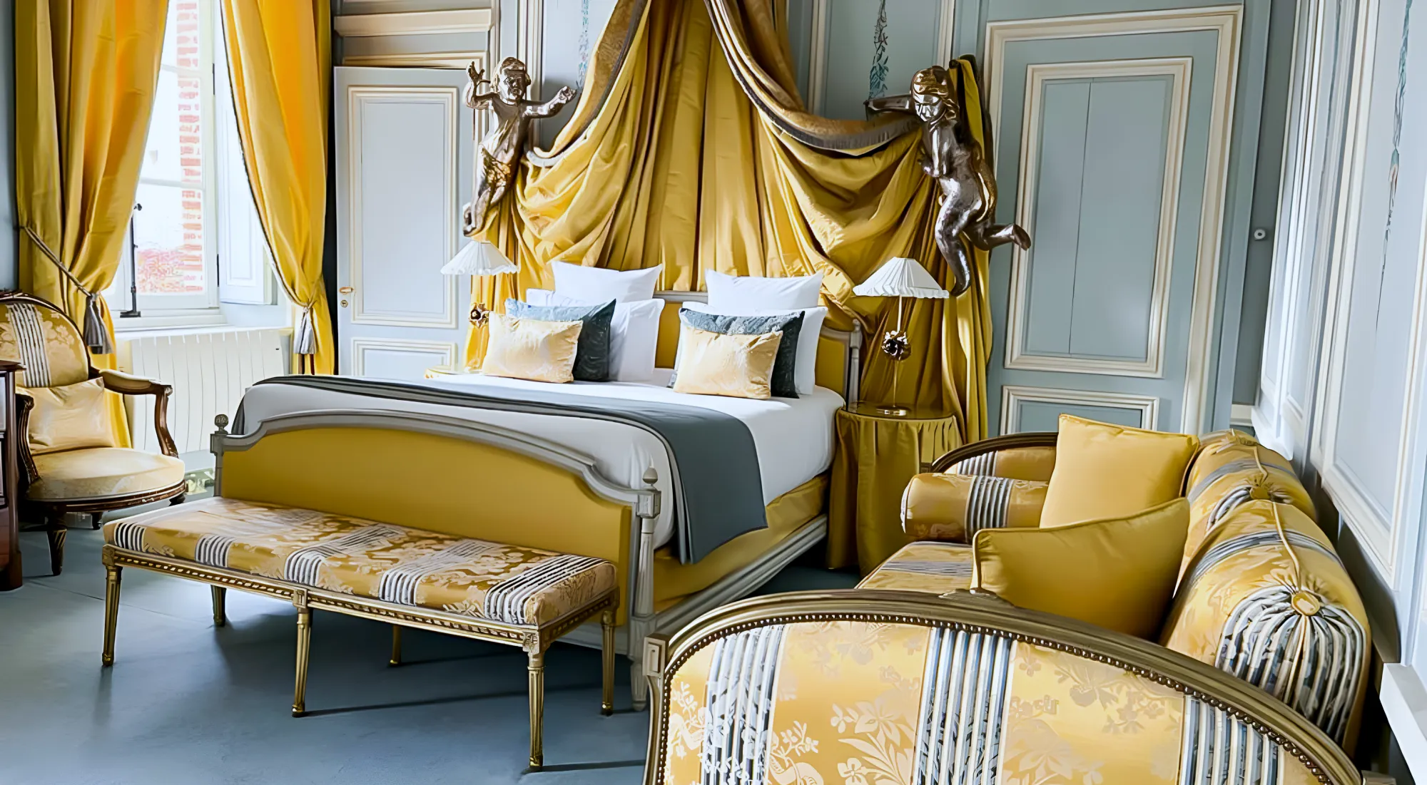 Une suite du château, lit à baldaquin sous une soie jaune