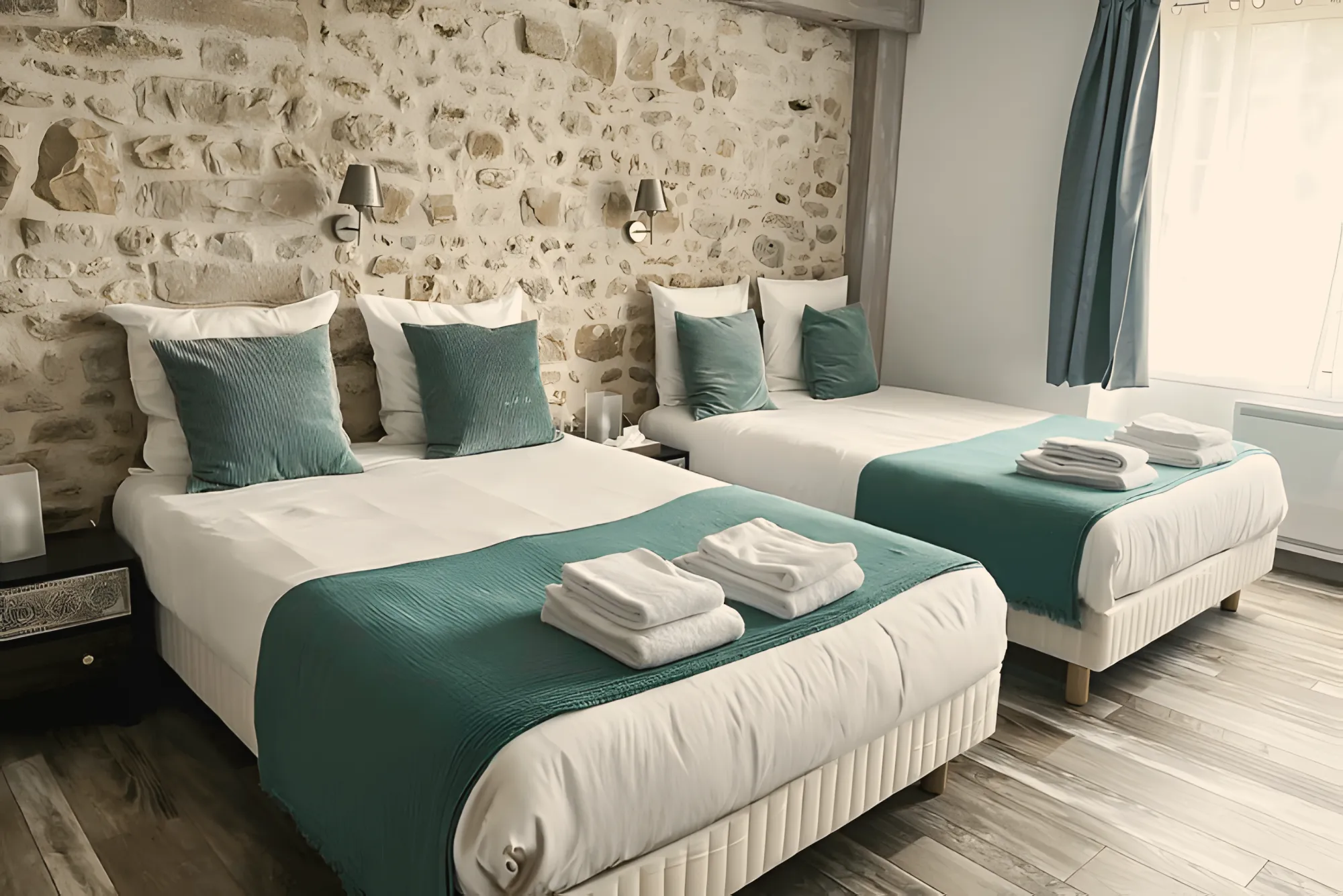 La chambre triple, mur de pierre, jetés verts et serviettes pliées